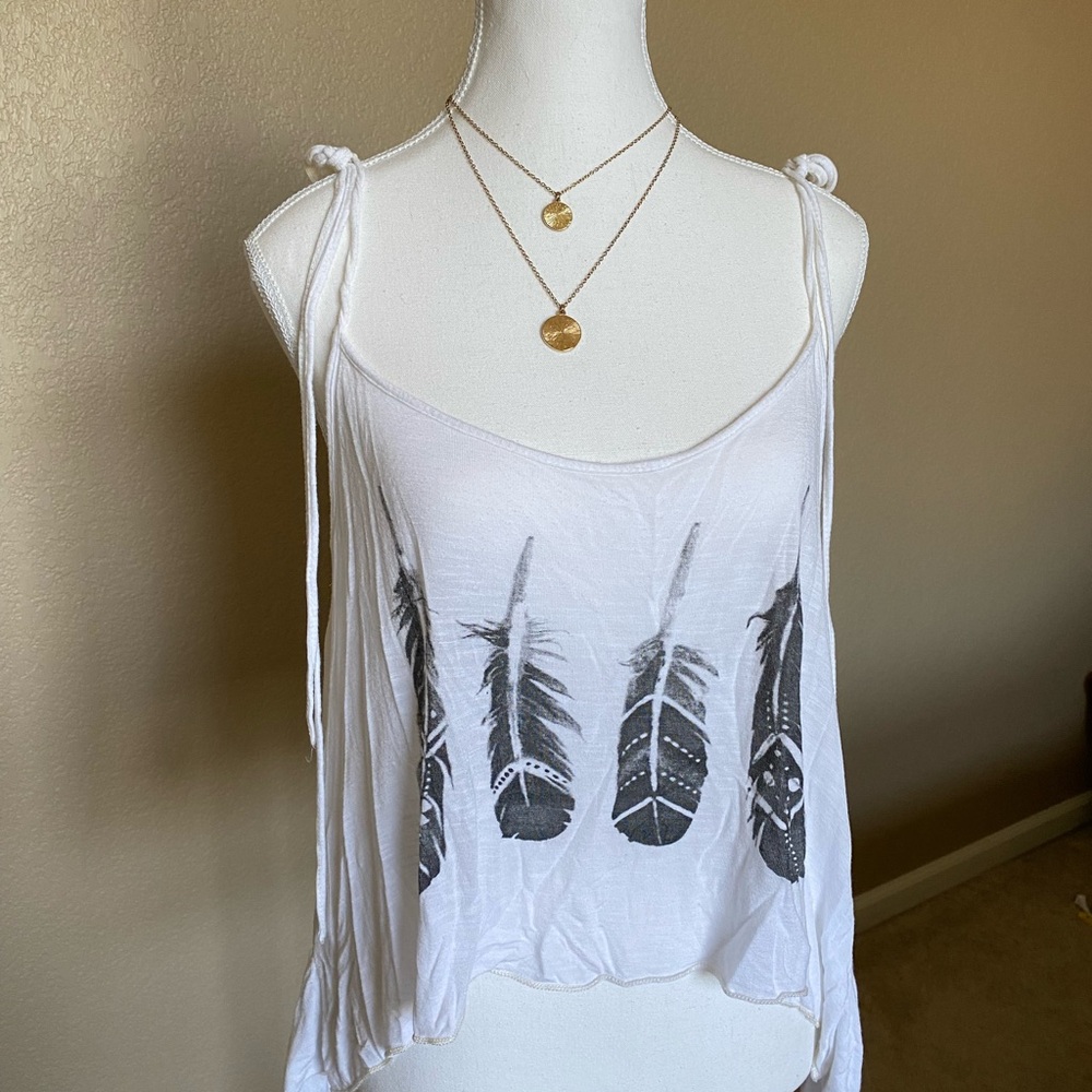 Forever 21 White with Feather Print Adjustable Crop Tank Top